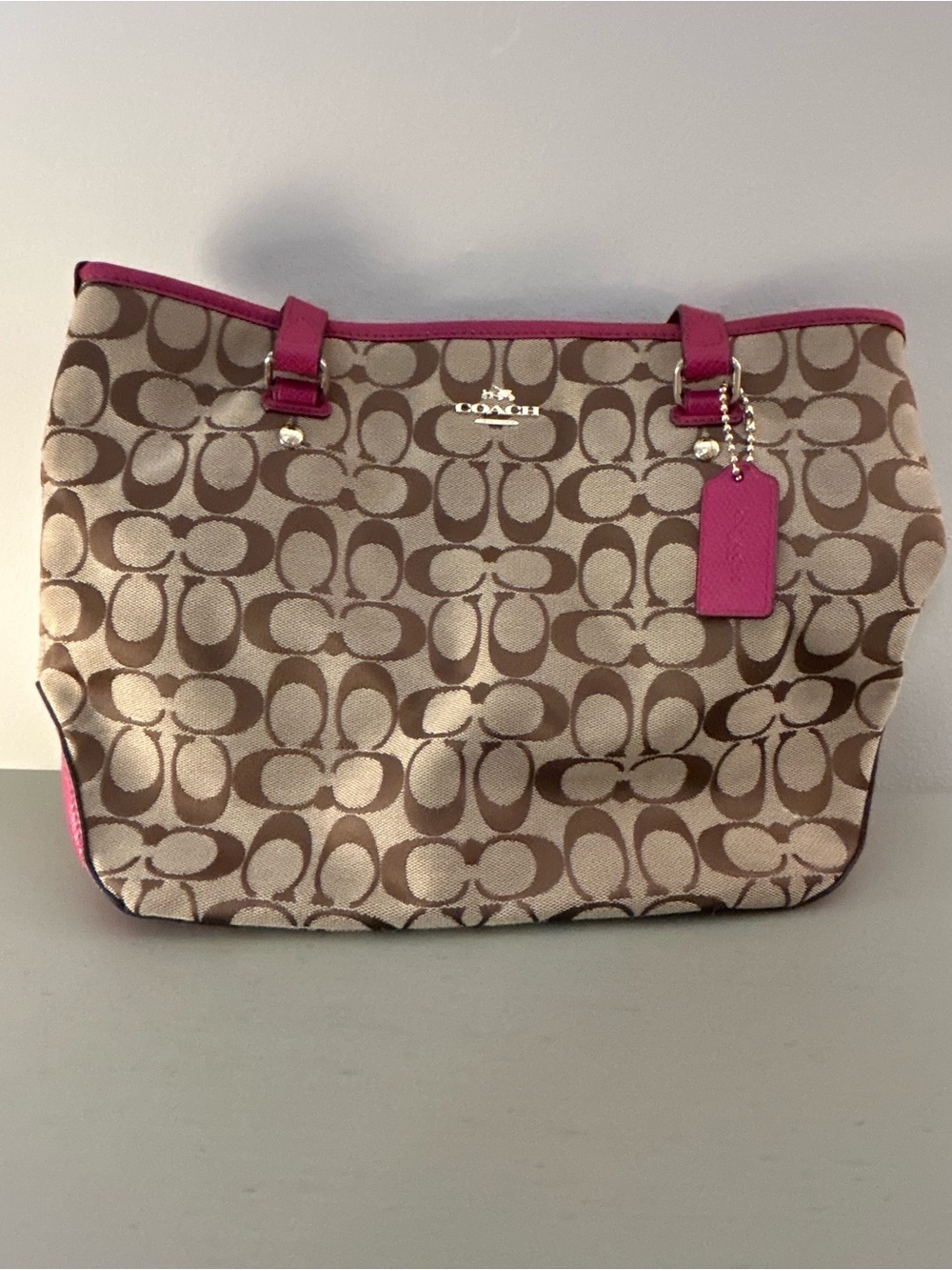 Coach Signature Jacquard Tote Bag Khaki Pink Leather Trim